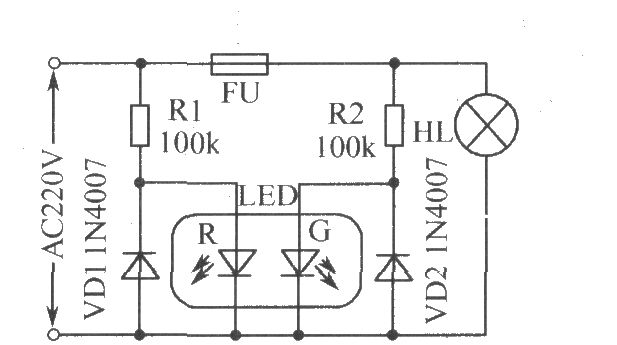 如图所示为保险丝熔断指示电路。LED-R作交流电源指示,LED-G作保险丝FU状态指示。当FU正常时,两LED都亮,呈橘红色;当FU熔断后,LED-G熄灭,只有 LED-R发红光。限流电阻R10、R2可用220nF/450V的电容代替,VD1、VD2可省去不用。