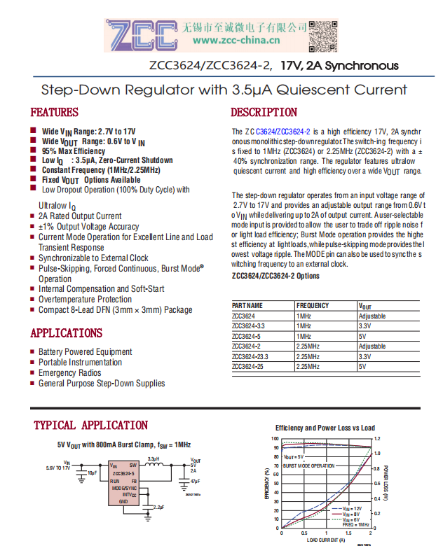 ZCC3624 ZCC3624-2,  17V  2A  3.5uA ;̬ ͬѹоƬLTC3614,LTC3624-2
